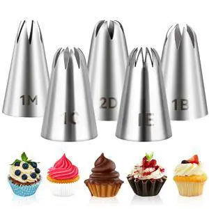 Cake Piping Tips 5-Pack (1M, 2D, 1C, 1B, 1E) - Buttercream, Icing, Birthday, Cupcake, DIY Art Decorating Supplies Cake Piping Tips 5-Pack (1M, 2D, 1C, 1B, 1E) - Buttercream, Icing, Birthday, Cupcake, DIY Art Decorating Supplies