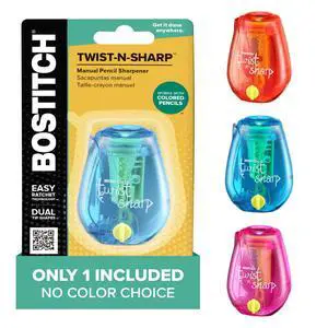 Bostitch Twist-n-Sharp Manual Pencil Sharpener, One Assorted Color, for Kids, Boys, Girls, Colored Pencils, 1 Pack Bostitch Twist-n-Sharp Manual Pencil Sharpener, One Assorted Color, for Kids, Boys, Girls, Colored Pencils, 1 Pack