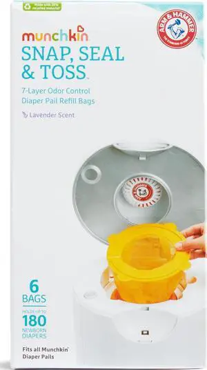 Munchkin Arm & Hammer Diaper Pail Snap, Seal & Toss Refill Bags, 6 Pack, Holds up to 180 Newborn Diapers Munchkin Arm & Hammer Diaper Pail Snap, Seal & Toss Refill Bags, 6 Pack, Holds up to 180 Newborn Diapers