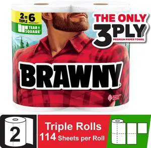 Brawny Tear-A-Square 3-Ply Paper Towels, 2 Triple Rolls, 114 Sheets per Roll Brawny Tear-A-Square 3-Ply Paper Towels, 2 Triple Rolls, 114 Sheets per Roll