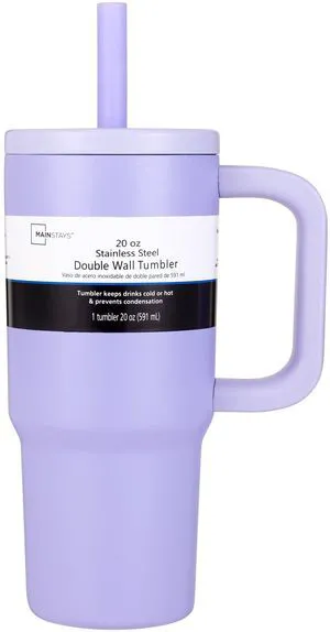 Mainstays 20 oz Double-Wall Stainless Steel Tumbler with Straw Lid, Purple Mainstays 20 oz Double-Wall Stainless Steel Tumbler with Straw Lid, Purple