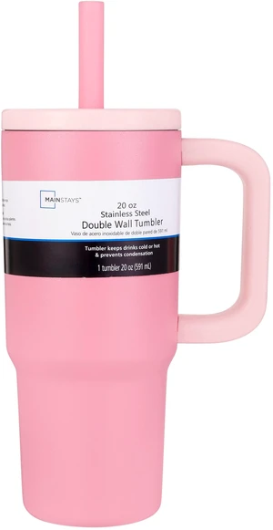 Mainstays 20 oz Double Wall Stainless Steel Tumbler with Straw Lid, Pink Mainstays 20 oz Double Wall Stainless Steel Tumbler with Straw Lid, Pink