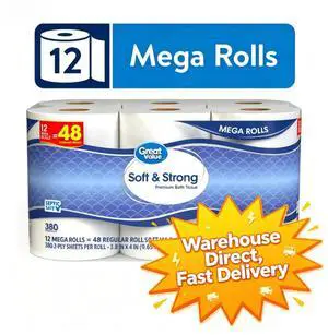 Great Value Soft & Strong Toilet Paper, 12 Mega Rolls, 380 Sheets per Roll Great Value Soft & Strong Toilet Paper, 12 Mega Rolls, 380 Sheets per Roll