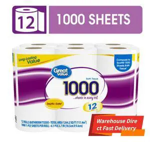 Great Value Toilet Paper, 1000 Sheets per Roll, 12 Rolls Great Value Toilet Paper, 1000 Sheets per Roll, 12 Rolls