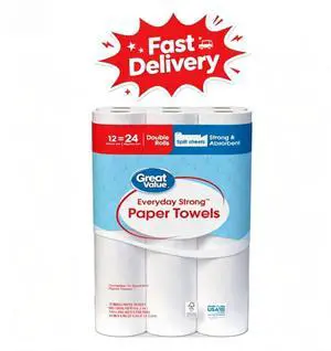 Great Value Everyday Strong Paper Towels, 12 Double Rolls, Wet-resistant material minimizes tearing during use Great Value Everyday Strong Paper Towels, 12 Double Rolls, Wet-resistant material minimizes tearing during use