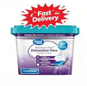 Great Value Premium Plus Dishwasher Pacs, Fresh Scent, 47 Count, Prevents Water Spots To Keep Dishes Sparkling Clean Great Value Premium Plus Dishwasher Pacs, Fresh Scent, 47 Count, Prevents Water Spots To Keep Dishes Sparkling Clean