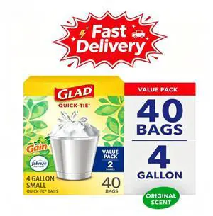Glad Quick-Tie 4-Gallon Small Trash Bags, Gain Original Scent, 20 Bags, 2 Pack, Sturdy construction resists rips and messy leaks during use Glad Quick-Tie 4-Gallon Small Trash Bags, Gain Original Scent, 20 Bags, 2 Pack, Sturdy construction resists rips and messy leaks during use