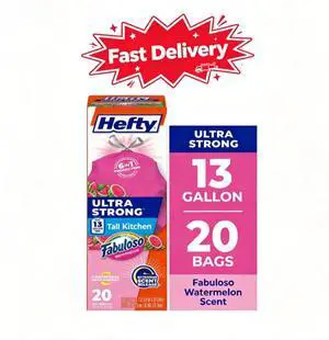 Hefty Ultra Strong 13 Gallon Trash Bags, Tall Kitchen Trash Bags, Pink, Fabuloso Watermelon Scent, 20 Bags, Heavy-duty construction resists punctures and messy leaks Hefty Ultra Strong 13 Gallon Trash Bags, Tall Kitchen Trash Bags, Pink, Fabuloso Watermelon Scent, 20 Bags, Heavy-duty construction resists punctures and messy leaks