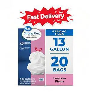 Great Value Strong Flex 13-Gallon Drawstring Tall Kitchen Trash Bags, Lavender Fields Scent, 20 Bags, Convenient drawstring closure enables quick sealing and carrying Great Value Strong Flex 13-Gallon Drawstring Tall Kitchen Trash Bags, Lavender Fields Scent, 20 Bags, Convenient drawstring closure enables quick sealing and carrying