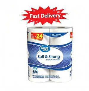 Great Value Soft & Strong Premium Toilet Paper, 6 Mega Rolls, 380 Sheets per Roll, Reinforced structure resists tearing when wet Great Value Soft & Strong Premium Toilet Paper, 6 Mega Rolls, 380 Sheets per Roll, Reinforced structure resists tearing when wet