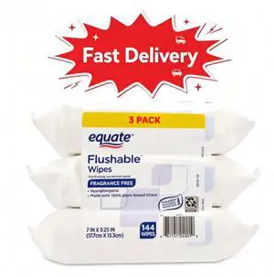 Equate Flushable Wet Wipes, Fragrance Free, 144 Wipes, 3 Pack, Convenient triple pack supplies long-lasting daily use Equate Flushable Wet Wipes, Fragrance Free, 144 Wipes, 3 Pack, Convenient triple pack supplies long-lasting daily use