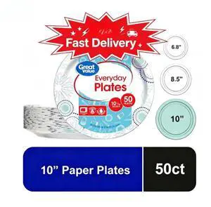 Great Value 10 Inch Disposable Paper Plates, 50 Count, Multicolor Design, Sturdy plate structure holds meals without bending easily Great Value 10 Inch Disposable Paper Plates, 50 Count, Multicolor Design, Sturdy plate structure holds meals without bending easily
