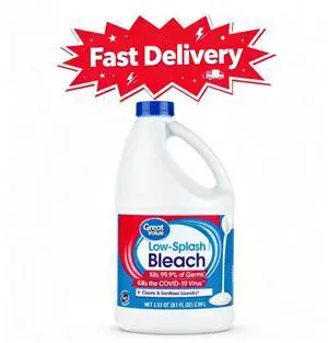 Great Value Low-Splash Bleach, 81 fl oz, Powerful formula for whitening surfaces and removing tough stains Great Value Low-Splash Bleach, 81 fl oz, Powerful formula for whitening surfaces and removing tough stains