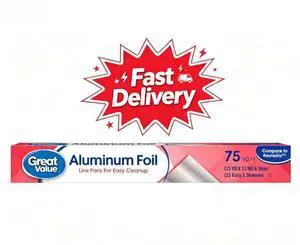 Great Value Aluminum Foil, 75 sq ft, Durable material resists tearing when wrapping and covering food Great Value Aluminum Foil, 75 sq ft, Durable material resists tearing when wrapping and covering food