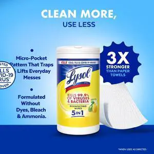 Lysol Disinfecting Wipes, MultiSurface Antibacterial All Purpose Cleaner Wipes, Lemon & Lime Blossom Scent, 80 Count, Household Sanitizing Cleaning Supplies Lysol Disinfecting Wipes, MultiSurface Antibacterial All Purpose Cleaner Wipes, Lemon & Lime Blossom Scent, 80 Count, Household Sanitizing Cleaning Supplies