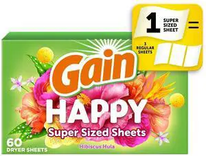 Gain Dryer Sheets Happy Hibiscus Hula Scent, SuperSized Fabric Softener Sheets, AntiStatic & WrinkleReduction, 60 Mega Dryer Sheets Gain Dryer Sheets Happy Hibiscus Hula Scent, SuperSized Fabric Softener Sheets, AntiStatic & WrinkleReduction, 60 Mega Dryer Sheets