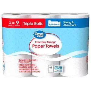 Great Value Everyday Strong Paper Towels, White MultiPurpose Kitchen Towels, 3 Triple Rolls, Household Cleaning Supplies Great Value Everyday Strong Paper Towels, White MultiPurpose Kitchen Towels, 3 Triple Rolls, Household Cleaning Supplies