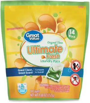 Great Value Ultimate Fresh Laundry Detergent Pacs, Original Clean Scent, PreMeasured AllInOne Washing Pods, 14 Count Great Value Ultimate Fresh Laundry Detergent Pacs, Original Clean Scent, PreMeasured AllInOne Washing Pods, 14 Count