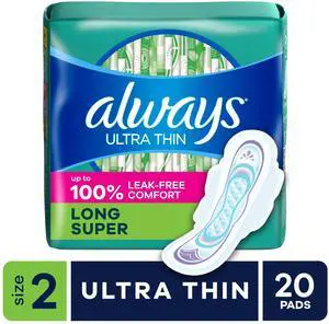Always Ultra Thin Sanitary Pads with Wings, Size 2 Long Super Absorbency Period Pads, 20 Count Always Ultra Thin Sanitary Pads with Wings, Size 2 Long Super Absorbency Period Pads, 20 Count