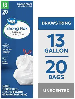 Great Value 13 gal Strong Flex Tall Kitchen Drawstring Bags, Unscented, 20 Bags Great Value 13 gal Strong Flex Tall Kitchen Drawstring Bags, Unscented, 20 Bags