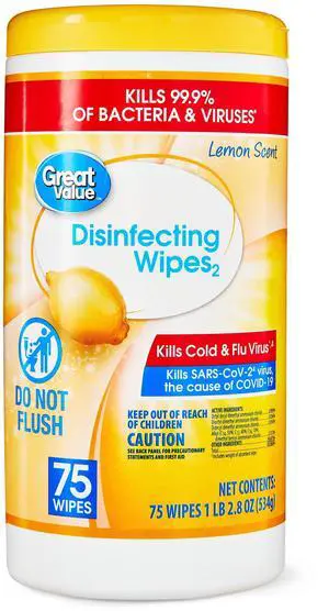 Great Value Disinfecting Wipes, Lemon Scent, 1 Lbs, 5.5 oz, 75 Count Great Value Disinfecting Wipes, Lemon Scent, 1 Lbs, 5.5 oz, 75 Count