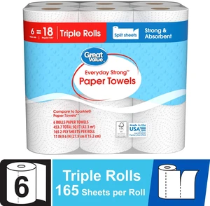 Great Value Everyday Strong Paper Towels 6 Triple Rolls Split Sheets Great Value Everyday Strong Paper Towels 6 Triple Rolls Split Sheets