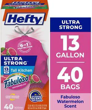 Hefty Ultra Strong 13 Gallon Tall Kitchen Trash Bags, Pink, Fabuloso Watermelon Scent, 40 Count Hefty Ultra Strong 13 Gallon Tall Kitchen Trash Bags, Pink, Fabuloso Watermelon Scent, 40 Count