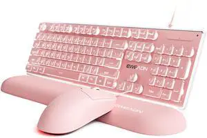 GX710S Wired Keyboard and Mouse Combo with White Backlit Pudding Keycaps, Wrist Rest, Full Size, Metal Panel, Quiet Cute Ergonomic Computer Keyboard Mouse Set for Windows PC Desktop - Pink GX710S Wired Keyboard and Mouse Combo with White Backlit Pudding Keycaps, Wrist Rest, Full Size, Metal Panel, Quiet Cute Ergonomic Computer Keyboard Mouse Set for Windows PC Desktop - Pink