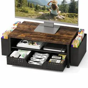 Wood Desk Organizer, 2-Tier Computer Monitor Stand Riser with Storage Drawer and 2 Pen Holders, Laptop & Printer Stand, Shelf for Top of Desk (Rustic Brown) Wood Desk Organizer, 2-Tier Computer Monitor Stand Riser with Storage Drawer and 2 Pen Holders, Laptop & Printer Stand, Shelf for Top of Desk (Rustic Brown)