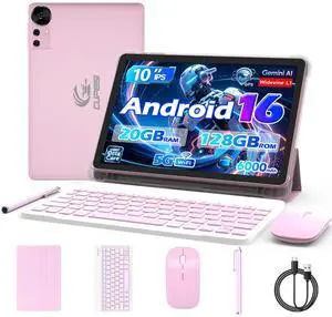 Android 16 Tablet 10 Inch, 20GB RAM+128GB ROM/ 2TB Expandable, 2.0GHz Octa-core Processor, 1280*800 HD Screen, 5G WiFi6 BT 5.0, 2 in 1 Tablets with Keyboard Case Mouse Stylus, Widevine L1 Pink Android 16 Tablet 10 Inch, 20GB RAM+128GB ROM/ 2TB Expandable, 2.0GHz Octa-core Processor, 1280*800 HD Screen, 5G WiFi6 BT 5.0, 2 in 1 Tablets with Keyboard Case Mouse Stylus, Widevine L1 Pink