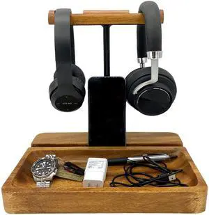 Dual Headphone Stand, Solid Acacia Wood Headset Holder for 2 Headphones, Cell Phone & Tablet, Desk Organizer Tray for iPhone, iPad, Bose, Sony, Beats, Sennheiser, Gaming & Office Desk Setup Dual Headphone Stand, Solid Acacia Wood Headset Holder for 2 Headphones, Cell Phone & Tablet, Desk Organizer Tray for iPhone, iPad, Bose, Sony, Beats, Sennheiser, Gaming & Office Desk Setup