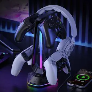 Gaming Headphones Stand with 12 Light Modes - Controller Holder for Desk, RGB Gaming Headset Stand with 2 USB Charging Ports - Supports Data Transfer, Earphone Hanger Accessories for Desktop Gamer Gaming Headphones Stand with 12 Light Modes - Controller Holder for Desk, RGB Gaming Headset Stand with 2 USB Charging Ports - Supports Data Transfer, Earphone Hanger Accessories for Desktop Gamer