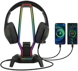 RGB Headphone Stand Data Transmission, 9 Lights Mode Headset Holder with 1 USB-C & 3 USB Ports & 1 3.5mm Jack Port, Ultimate Gaming Accessories for Gamers for PS, Xbox, PC RGB Headphone Stand Data Transmission, 9 Lights Mode Headset Holder with 1 USB-C & 3 USB Ports & 1 3.5mm Jack Port, Ultimate Gaming Accessories for Gamers for PS, Xbox, PC