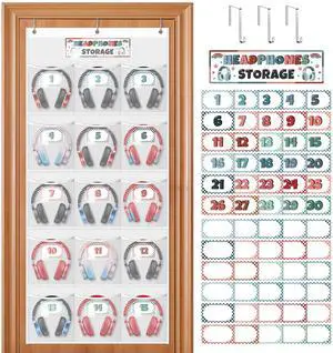 Headphone Storage Classroom with 15 Durable Polyester Mesh Pockets, Door Hanging Headphone Holder for Classroom Library, Headphone Organizer with 61 Reusable Card & 3 Hooks Headphone Storage Classroom with 15 Durable Polyester Mesh Pockets, Door Hanging Headphone Holder for Classroom Library, Headphone Organizer with 61 Reusable Card & 3 Hooks