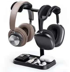 Dual Headphone Stand, Double Balanced Headset Stand with Storage Tray, Heavy Base Gaming Headset Holder for Desk (Black) Dual Headphone Stand, Double Balanced Headset Stand with Storage Tray, Heavy Base Gaming Headset Holder for Desk (Black)