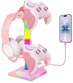 RGB Gaming Headphones Stand with 2 USB Ports, Pink Headset Stand with 10 Light Modes and Non-Slip Rubber, Suitable for PC Desk Accessories Gamers Gift(Pink) RGB Gaming Headphones Stand with 2 USB Ports, Pink Headset Stand with 10 Light Modes and Non-Slip Rubber, Suitable for PC Desk Accessories Gamers Gift(Pink)
