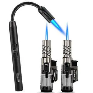 2 Pack Torch Lighters and 1 Pack Butane Lighter Long Stem, Adjustable Single Flame and Visible Fuel Tank 2 Pack Torch Lighters and 1 Pack Butane Lighter Long Stem, Adjustable Single Flame and Visible Fuel Tank