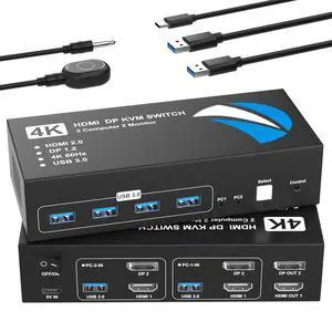 HDMI DisplayPort KVM Switch 2 Monitors 2 Computers, 4K@60Hz Dual Monitor KVM Switches HDMI DisplayPort for 2 Computers Share 2 Monitors and 4 USB Devices for Keybord Mouse Printer Hard Drive HDMI DisplayPort KVM Switch 2 Monitors 2 Computers, 4K@60Hz Dual Monitor KVM Switches HDMI DisplayPort for 2 Computers Share 2 Monitors and 4 USB Devices for Keybord Mouse Printer Hard Drive