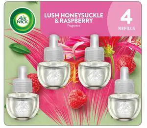 Air Wick Plug-in Scented Oil Warmer Air Freshener Refills, Honeysuckle & Raspberry, 4 Count Air Wick Plug-in Scented Oil Warmer Air Freshener Refills, Honeysuckle & Raspberry, 4 Count