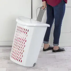 Sterilite Ultra Wheeled Hamper, Plastic Laundry Hamper with Handle and Wheels for Easy Transport, White Sterilite Ultra Wheeled Hamper, Plastic Laundry Hamper with Handle and Wheels for Easy Transport, White