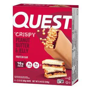Quest Crispy 18g Protein Bar, Low Carb, Peanut Butter and Jelly, 2.12oz, 4 Count Quest Crispy 18g Protein Bar, Low Carb, Peanut Butter and Jelly, 2.12oz, 4 Count