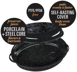 Granite Ware 10 lb. Capacity 15 in. Covered Oval Roaster, Speckled Black Enamel on Steel Granite Ware 10 lb. Capacity 15 in. Covered Oval Roaster, Speckled Black Enamel on Steel