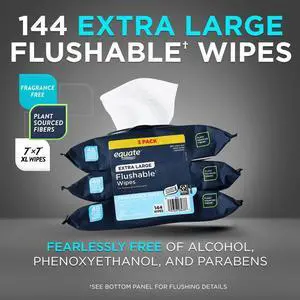 Equate Extra Large Flushable Wet Wipes, Fragrance Free, 144 Wipes, 3 Pack Equate Extra Large Flushable Wet Wipes, Fragrance Free, 144 Wipes, 3 Pack