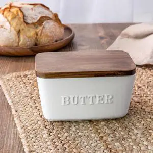 Better Homes & Gardens- White and Acacia Wood Porcelain Embossed Butter Dish Better Homes & Gardens- White and Acacia Wood Porcelain Embossed Butter Dish