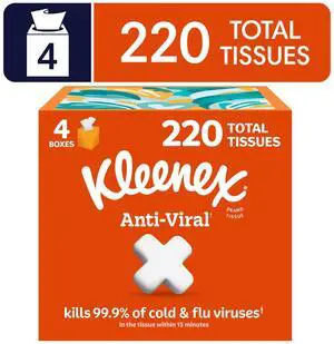 Kleenex Anti-Viral 3-Ply Cube Box Facial Tissues, 4 Pack (220 Total Tissues) Kleenex Anti-Viral 3-Ply Cube Box Facial Tissues, 4 Pack (220 Total Tissues)