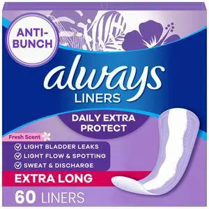 Always Daily Extra Protect Liners, Extra Long Length Length, Scented Panty Liners, 60 Count Always Daily Extra Protect Liners, Extra Long Length Length, Scented Panty Liners, 60 Count