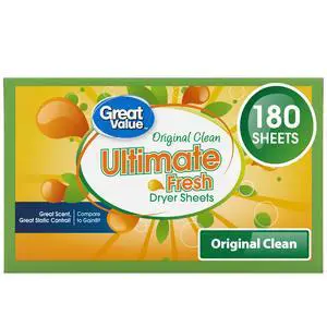 Great Value Ultimate Fresh Dryer Sheets, Original Clean, 180 Count, Compare to Gain® Great Value Ultimate Fresh Dryer Sheets, Original Clean, 180 Count, Compare to Gain®