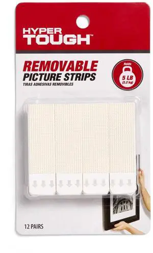 Hyper Tough Large Removable Adhesive Strips, Hanging Strips for Hanging Small Pictures, 5 lbs Capacity, White, 12 Pairs Hyper Tough Large Removable Adhesive Strips, Hanging Strips for Hanging Small Pictures, 5 lbs Capacity, White, 12 Pairs