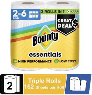 Bounty Essentials Paper Towels Select-A-Size, 2 Triple Rolls, White, 162 Sheets Per Roll Bounty Essentials Paper Towels Select-A-Size, 2 Triple Rolls, White, 162 Sheets Per Roll