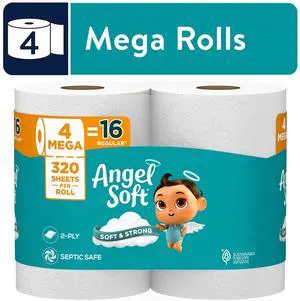 Angel Soft 2-Ply Toilet Paper, 4 Mega Rolls, 320 Sheets per Roll Angel Soft 2-Ply Toilet Paper, 4 Mega Rolls, 320 Sheets per Roll